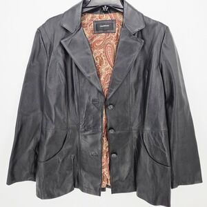 Colebrook Classics Black Leather Jacket Women Size XL Paisley Lined Button Front
